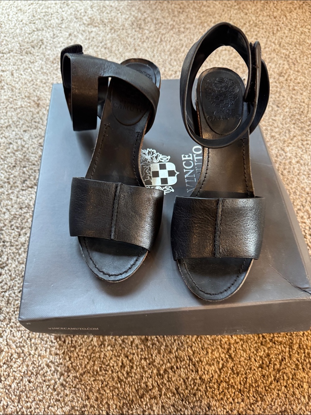 Vince Camuto Black Leather Block Heel Sandals